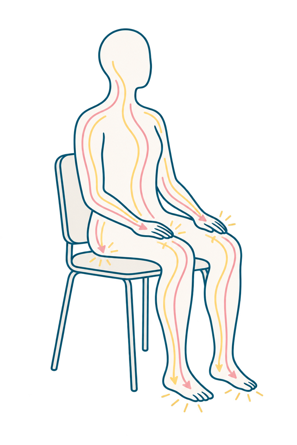 A nongendered body seated in a chair with sensation moving toward points of support