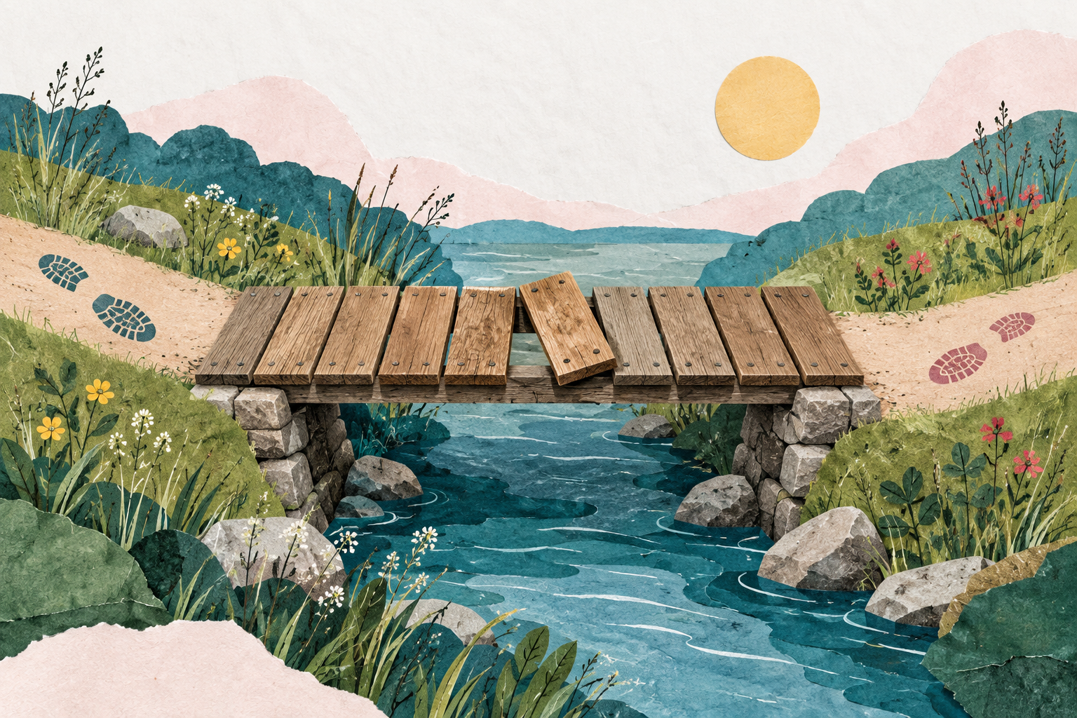 A wooden footbridge with one loose board