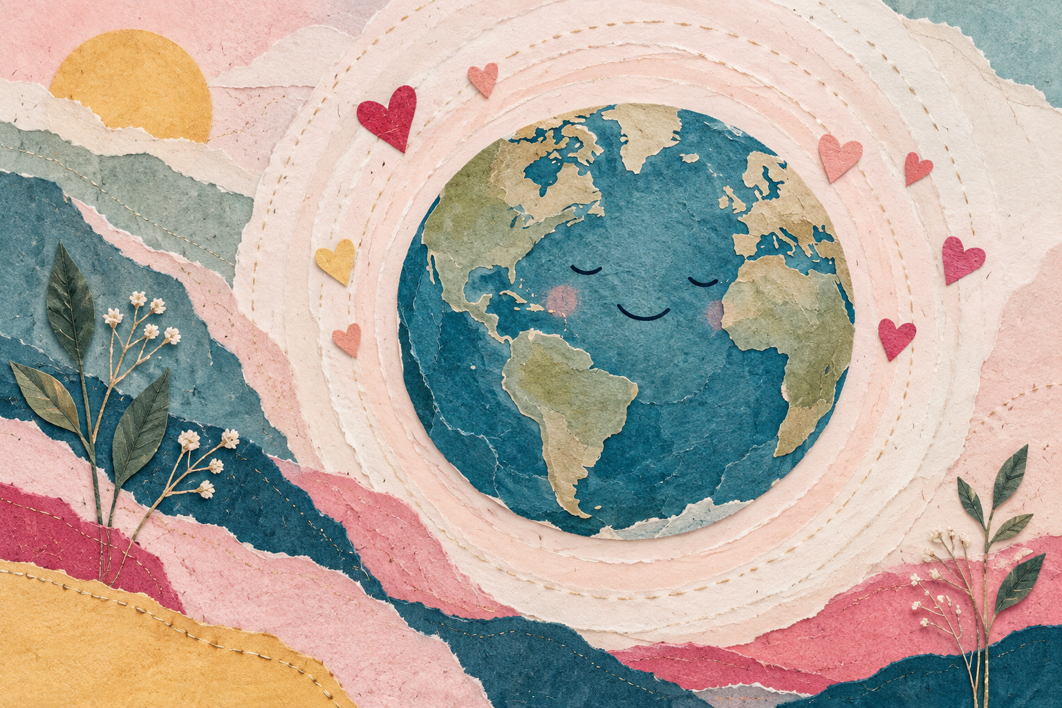 A smiling paper collage globe surrounded by gentle ripples and hearts